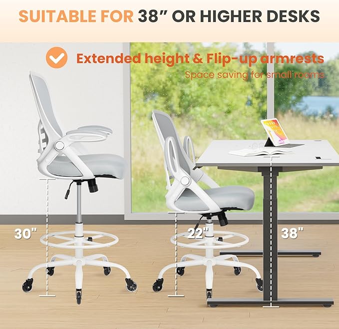 HYLONE Drafting Chair Tall Office, Ergonomic Standing Desk Stool Adjustable Drafting Chair Big Tall Drafting Office Chair White