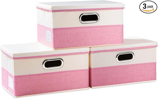 PRANDOM Collapsible Storage Bin with Lid [3-Pack] Fabric Foldable Storage Box Organizer Container Basket Cube with Cover for Home Bedroom Closet Office Nursery Pink&Cream(14.9x9.8x9.8)