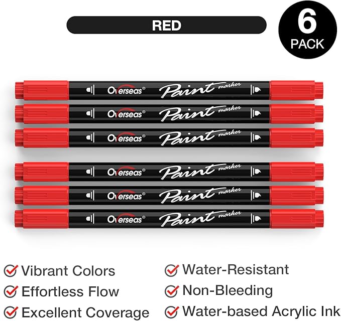 Overseas Red Acrylic Paint Markers, 6 Pack Dual Tip Paint Pens Acrylic Markers - Dot and Brush Tip Coloring Marker for Wood, Rock, Canvas, Glass, Metal, Plastic, Rubber, Fabric, School Supplies