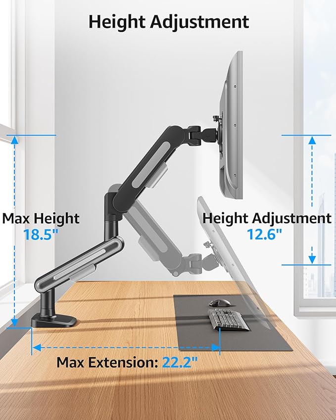 MOUNTUP Single Monitor Desk Mount for 4.4-26.5lbs, Heavy Duty Monitor Arm for 39 37 34 32 27inch, Full-Motion Monitors Stand, Height Adjustable Gas Spring Monitors Arm with C-Clamp＆Grommet Base