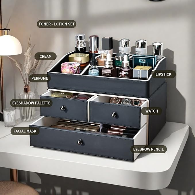 KINGFOM 2 Tier PU Leather Makeup Organizer with 3 Drawers, Cosmetic Storage Organizers for vanity Dresser Countertop and Bathroom Vanity, Beauty Holder for Lipstick Brush Skincare (Black)
