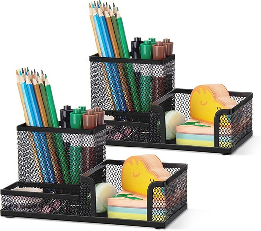 Comix Mesh Pen Pencil Holder Desk Organizer, 3 Compartment Wire Desktop Pen Pencil Cup Caddy Office Supplies Accessories for Home Office School, Black(2 Pack)
