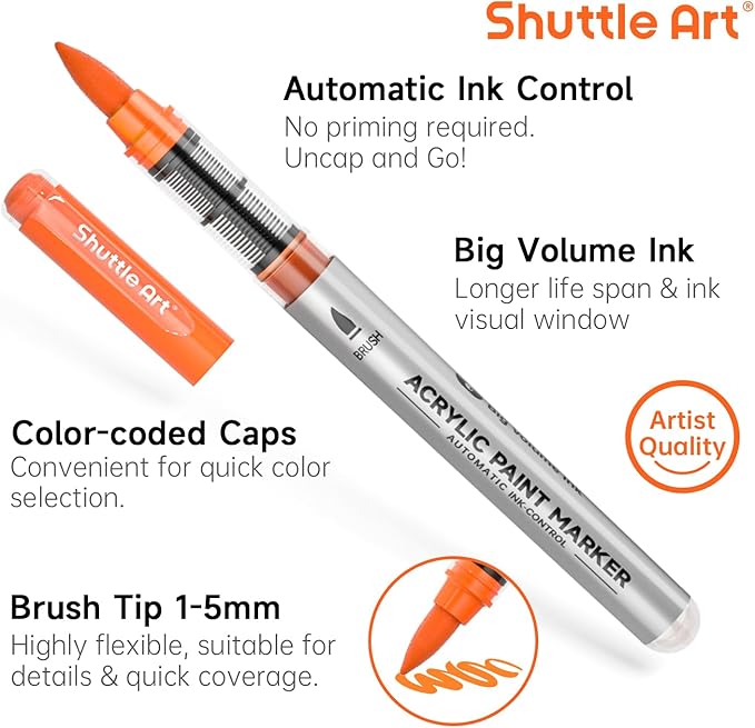 Shuttle Art Automatic Ink Control Acrylic Paint Markers, 48 Colors Brush Tip Acrylic Paint Pens for Rock Painting, Ceramic, Wood, Canvas, Glass, Stone, Fabric, Card Making, DIY & Art Supplies