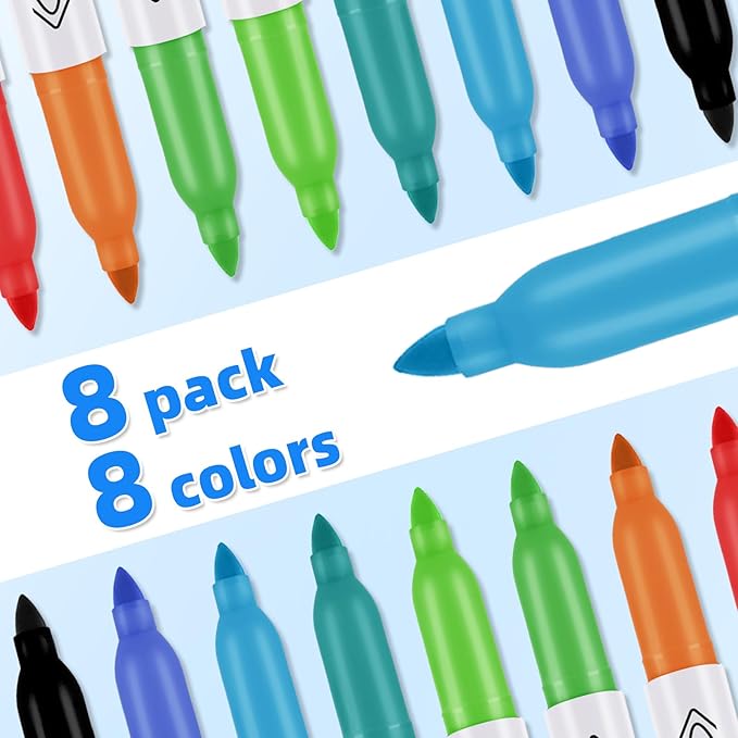 Permanent Markers Assorted Colors Set, 8 Colored Markers 8 Pack, Fine Point，Works on Wood, Plastic, Metal, and More, for Adults, Artist, Taecher, Kids