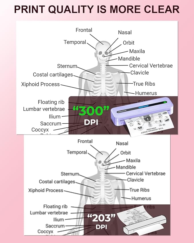 COLORWING Portable Printers Wireless for Travel, 300DPI Mini Compact Inkless Printer, Thermal Bluetooth Printer Compatible with Android and iOS Smartphone & Tablet & Laptop - Purple