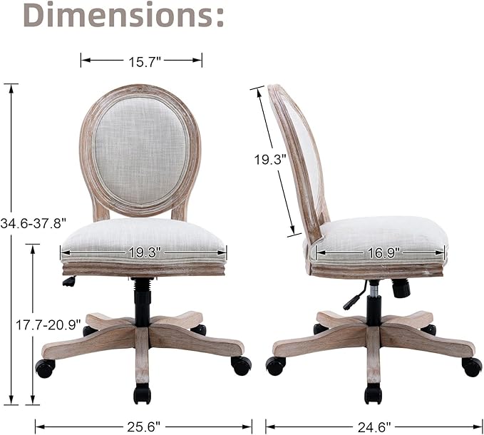 LukeAlon Vintage Linen Office Chair, Adjustable Height Swivel Task Chair with Wood Frame Armless Desk Chair with Wheels Upholstered Round Back Vanity Chair for Home Office Study Room, Beige