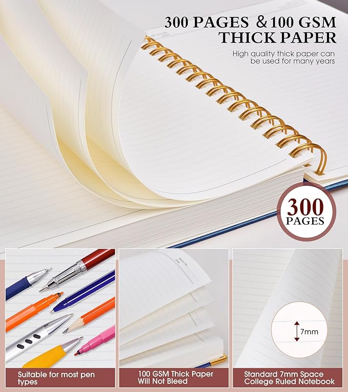 Spiral Notebook Journal 5.75” x 8.38”, 300 Pages Hardcover Leather Lined Journals for Women Men, A5 Small College Ruled Notebooks with 100 GSM Thick Paper, Spiral Journal for Writing Work School, Navy