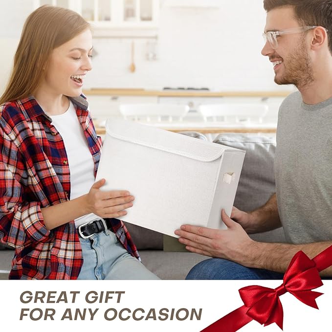 Large 17" 42 Quarts Collapsible Stackable Storage Bins with Lids [3-Pack] Foldable Fabric Linen Storage Boxes Cube, Closet Organizer Baskets with Label (16.7 x 12 x 12", White)