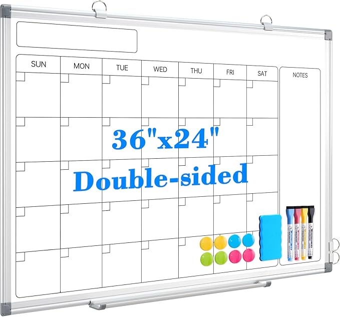 Monthly Calendar Dry Erase Whiteboard for Wall, 36" x 24" Double-Sided Calendar White Board, Magnetic Portable Board for Office, Kitchen, School, Home