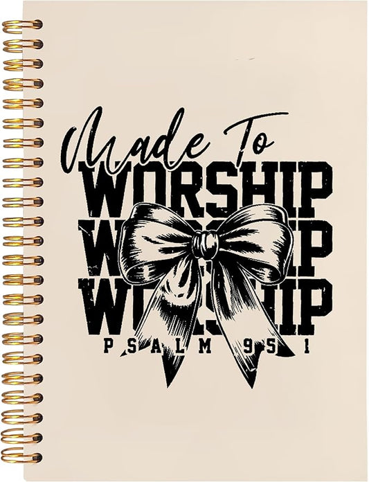 BearCake Christian Coquette Bow Notebook Journal, Made to Worship Prayer Journal for Women, Preppy Christian Gifts for Women, Bible Journaling Neutral Hardcover Spiral Notebook 5.5x8.3