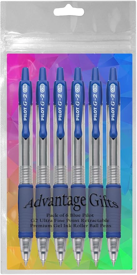 G2 Retractable Premium Gel Ink Roller Ball Pens Ultra Fine Point (.38mm) Blue Ink 6 pack; Refillable & Premium Comfort Grip Bundle with Plastic Reusable Pouch