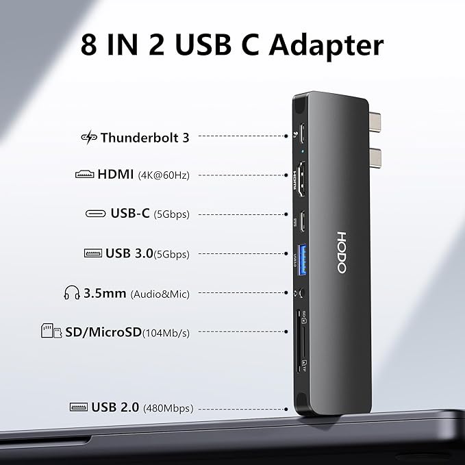 USB C Adapter HDMI Hub for MacBook Pro Air 2025-2018 M1 M2 M3 M4, Mac USB Adapter 8 in 2, MacBook USB C Hub with HDMI, Thunderbolt 3, 10G USB C USB A Data Ports, SD TF Card Reader, Audio, Black