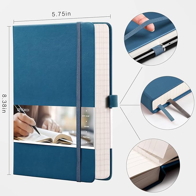 EMSHOI College Ruled Notebook Lined Journal - 120gsm Thick 256 Numbered Pages, A5 Hardcover Leather Writing Notebook for Work School Travel Women & Men - with Sticky Notes, 5.75"x8.38", LightBlue