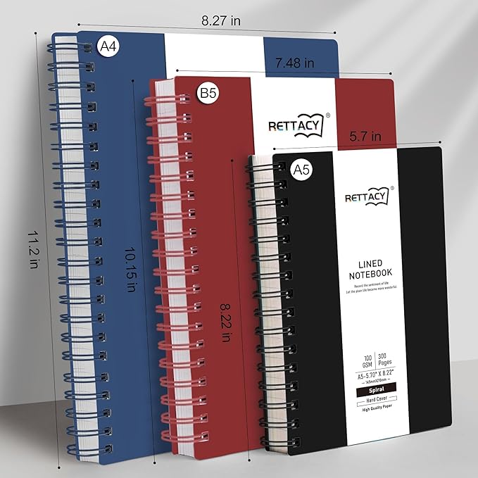 RETTACY Spiral College Ruled Notebook, 300 Pages, A4 Large Size (8.2" x 11.2"), for School, Work, Writing, Journaling, 100 GSM Thick Paper, Flexible Plastic Cover (Black)