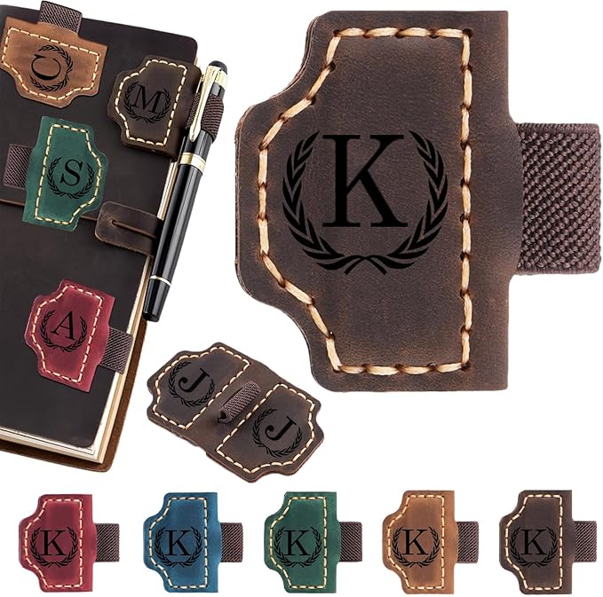 Artlaza Personalized Magnetic Leather Bookmark with Pen Holder - 26 Letters Custom Book Mark with Name Initial Engraved Book Marker for Readers, Book Lovers, Travelers - Gift for Women & Men(Brown，K