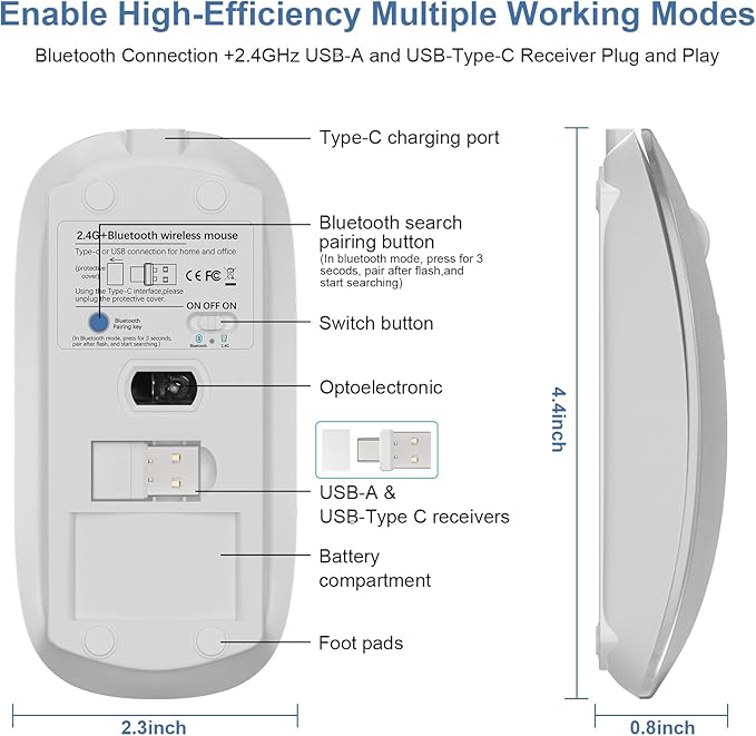 Mouse for Laptop Wireless Bluetooth - MacBook Air Mac Pro PC iPad Optical Rechargeable Silent Mouse with Jiggler Dual Mode Switch Bluetooth 5.2/3.0 and 2.4GHz USB-A and Type-C Receiver Black