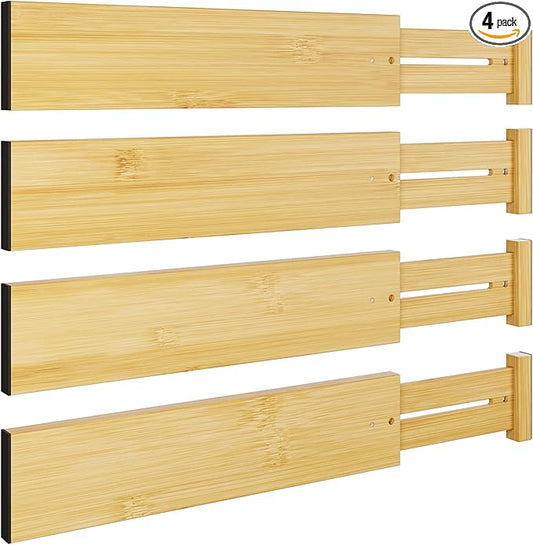 BAMEOS 4 pcs 3" High Bamboo Drawer Dividers Adjustable Drawer Organizer Expandable Drawer Organization Utensil Organizers for Kitchen Dresser Bathroom Bedroom and Office