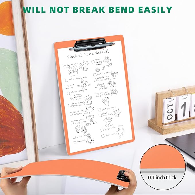 Orange Clipboard with Pen Holder, 2 Pack Plastic Clipboard with Low Profile Metal Clip, Hanging Clipboards Holds 8.5x11 Inch Papers, Standard A4 Letter Size Clip Board for Office & School