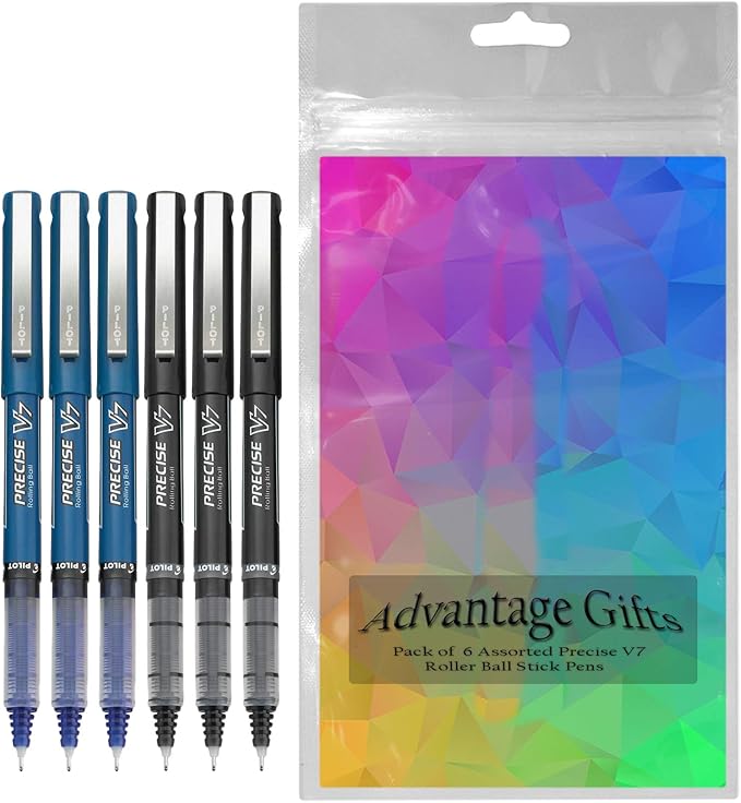 Precise V7 Stick Rolling Ball Pens, Fine Point (.7mm), Assorted Colors Black/Blue Ink, 6-pk; Bundle with Plastic Reusable Pouch