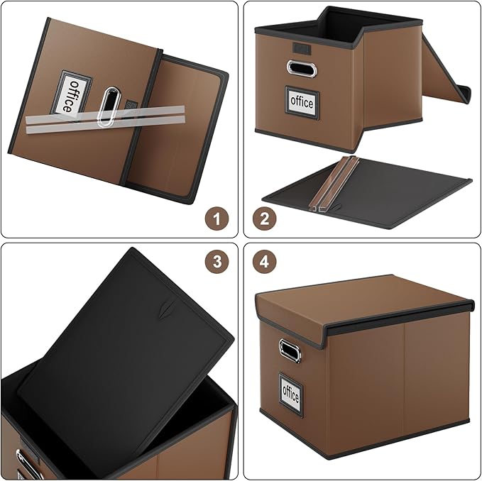 Huolewa Portable Leather File Organizer Boxes with Lids, Office Document Boxes Organizer, Filing Boxes, Decorative Small File Boxes for Hanging Files with Plastic Slide for Office/Decor/Home