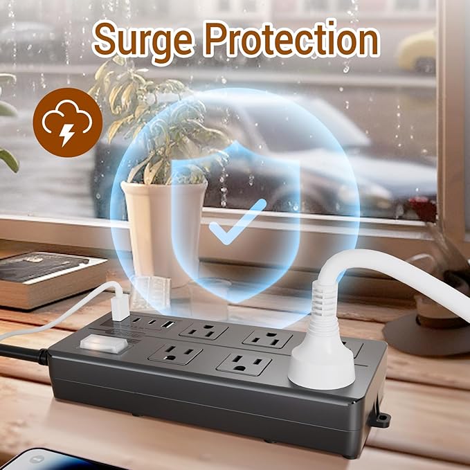 Outdoor Power Strip Weatherproof,Waterproof Surge Protector with 4 USB Ports and 6 Outlets,15 FT Extension Cord with Flat Plug,Shockproof Overload Protection, Wall Outlet for Home Office Porch Patio