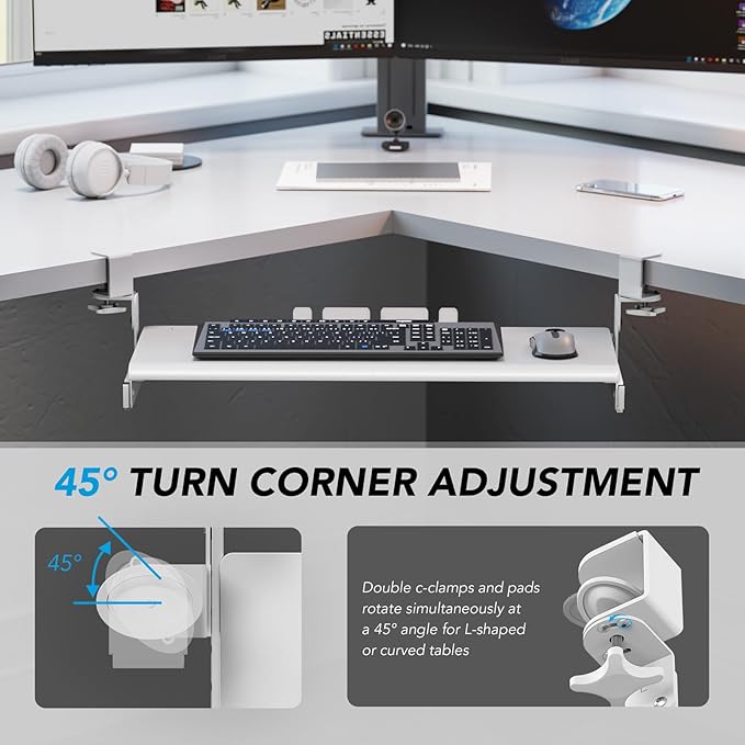 Keyboard Tray Under Desk Pull Out with Extra Sturdy C Clamp Mount System, 27.3 (32.5 inch Including Clamps) x 11 Inch Slide-Out Platform Computer Drawer for Typing White AX01WW01