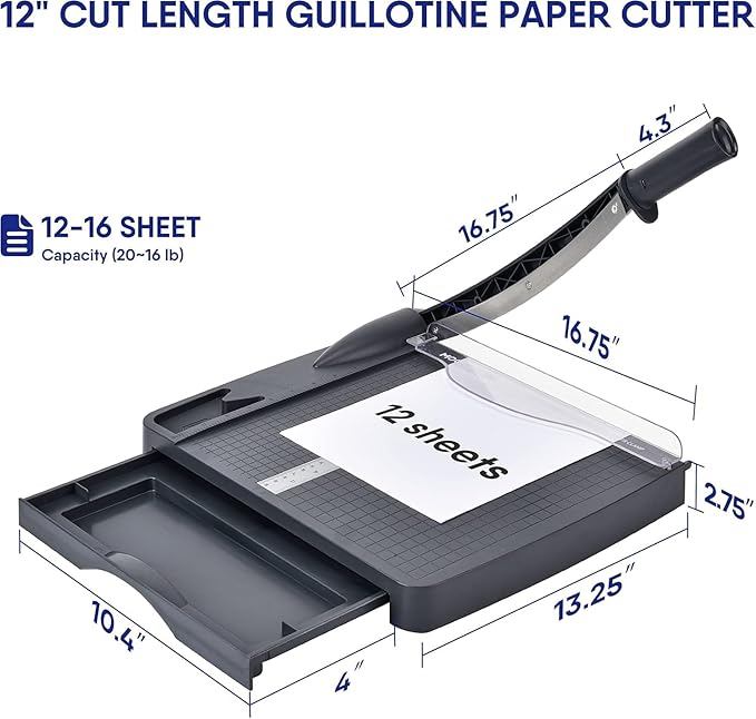Paper Trimmer, Paper Cutter 12" Cutting Length Heavy Duty Paper Cutter with Storage Drawer, Safety Protection and Blade Lock, 12 Sheets Capacity, Cardstock/Cardboard/Laminate