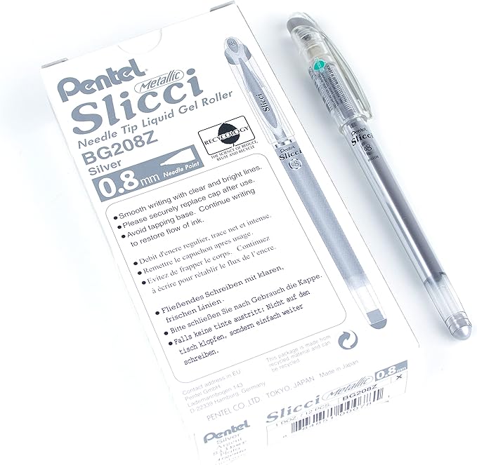 Pentel Arts Slicci 0.8mm Needle Tip, Medium Gel Pen, Silver Metallic Ink (BG208-Z), 12 Pack