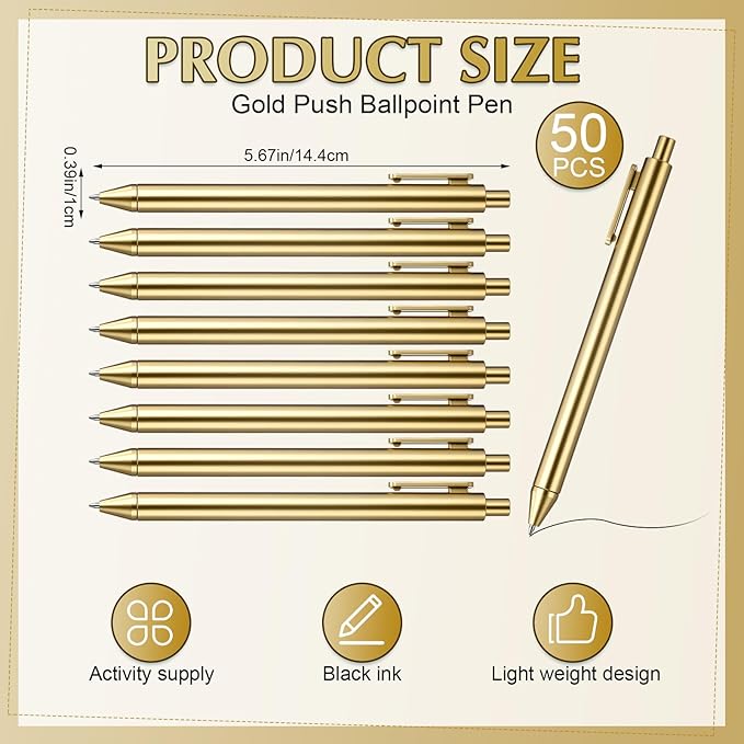 50 Pcs 30 Pcs Gold Slim Ballpoint Pens Bulk Golden Retractable Black Ink Medium Point (0.5mm) Smooth Metallic Color Writing Ballpoint Pens for Wedding Bridal Shower Business Office (Classic Style)