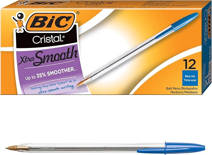 BIC Cristal Xtra Smooth Blue Ballpoint Pens, Medium Point (1.0mm), 12-Count Pack, Extra Smooth and Reliable Ballpoint Pens