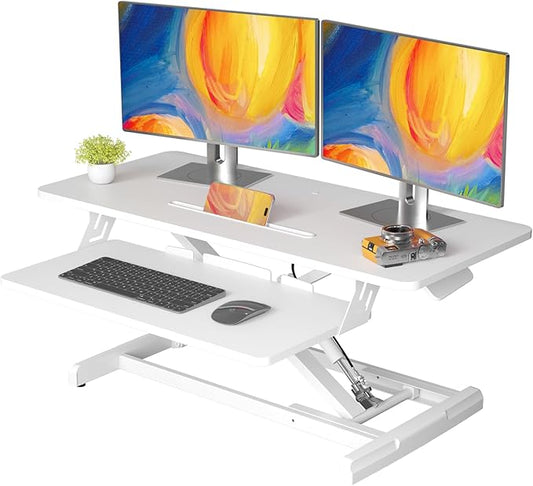 JOY worker Standing Desk Converter, 35" Wide Height Adjustable Sit Stand Up Desk Riser with Keyboard Tray, Desktop Workstation Riser for Home Office Computer Laptop, Particle Board, White