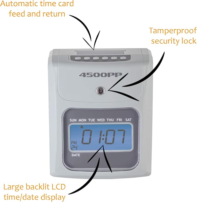 Nile Products - 4500PP Electronic Calculating Time Clock, Employees in/Out Time Tracker, Small Business Punch Pack Bundle Includes: 25 Time Cards,1 Ink Ribbon and 2 Security Keys