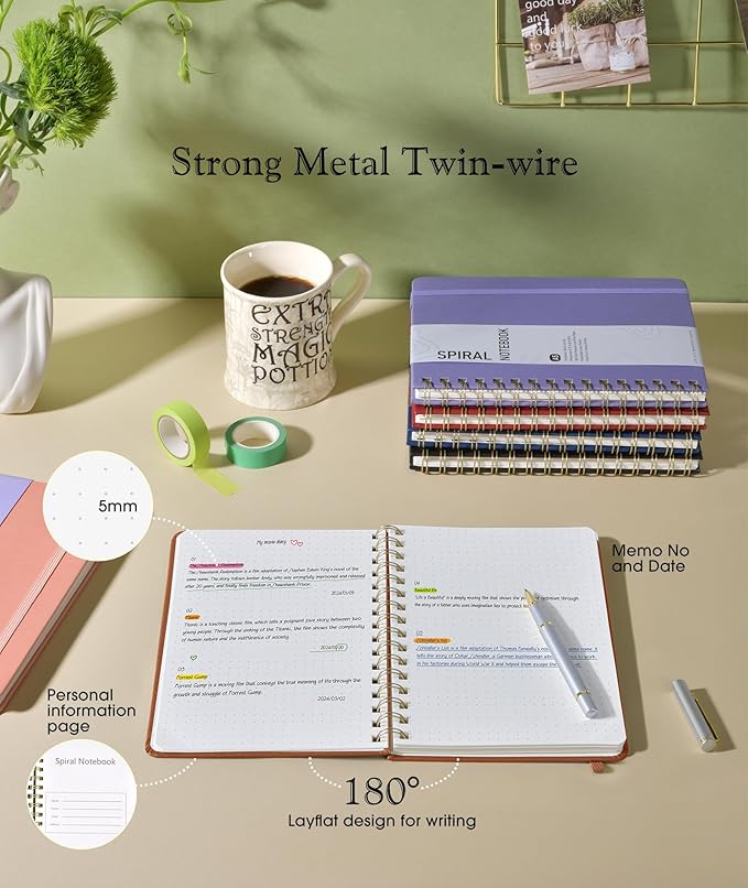 Dotted Spiral Journal Notebook, A5 Hardcover Spiral Journals for Women Men, 100 GSM Dot Grid Paper Notebooks, 150 Pages Spiral Bullet Dotted Notebook for Writing Note Taking 5.75" x 8.38", Brown