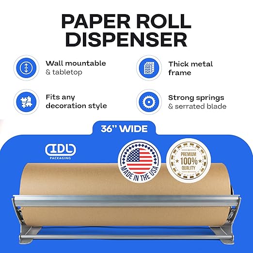 IDL Packaging 36" Kraft Paper Roll Dispenser & Cutter for Rolls up to 36" Wide and 9" in Diameter – Tabletop Reinforced Steel Paper Holder with a Cutter – for Kraft and Butcher Paper