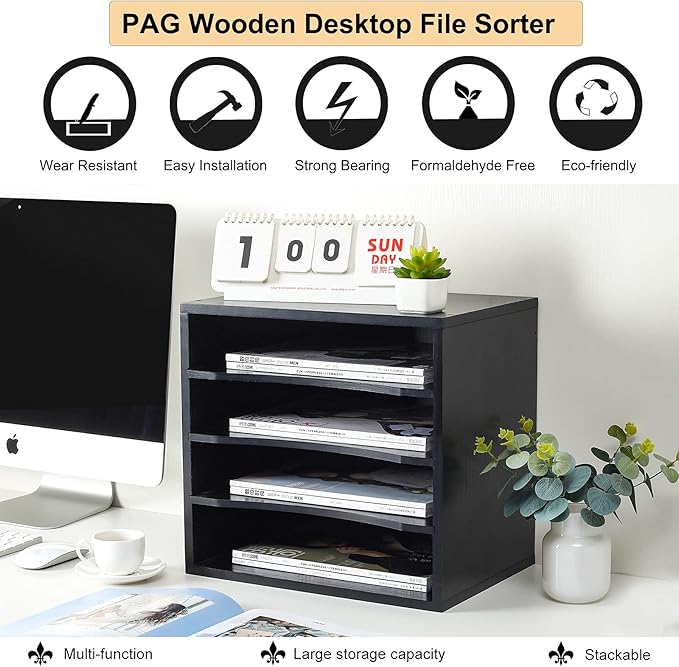 PAG Mail Sorter Organizer, Wood Countertop Literature Organizer, Office Supplies Desktop File Bill Paper Organizer for Office Home School, 4 Compartments, Black