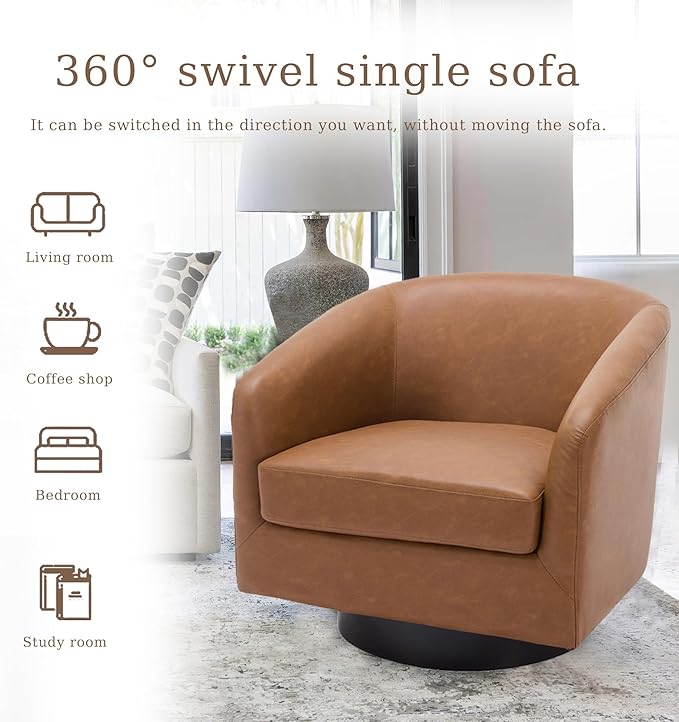 UIXE Faux Leather Swivel Accent Chairs Set of 2, Modern Upholstered Barrel Chairs for Living Room, Comfy Round Armchair Single Sofa Bedroom Reading Seat - 31" W, Brown