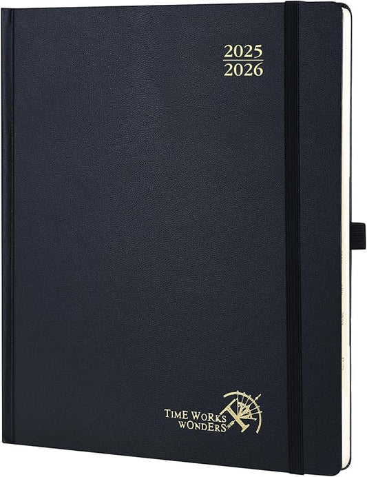 POPRUN Planner 2025-2026, (Large 8.5'' x 10.5'' Hard Cover) Academic Calendar (July 25-June 26) Daily Weekly and Monthly Appointment Book with Hourly Time Slots, Monthly Tabs, 100 GSM - Black