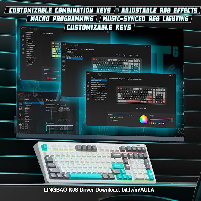 LINGBAO K98 Wireless Mechanical Gaming Keyboard, 10000mAh Battery Tri-Mode BT5.0/2.4GHz/USB-C, Gasket Custom Hot-Swappable Linear Switches Mechanical Keyboards, RGB Backlit Keyboard for PC Laptop