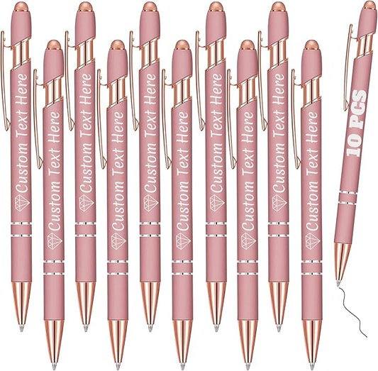 Personalized Pens Bulk 10 with Name Custom Engraving Ballpoint Pens with Stylus Tip Customized Smooth Writing Pens Personalized Gifts for Anniversary Birthday or Graduation(Gold Rose,Black Ink)