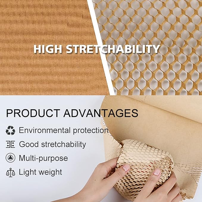Honeycomb Packing Paper Wrap 15"x400' Sustainable Alternative to Bubble Cushioning Wrap Packing paper for Moving/shipping/packing Roll with 20 Fragile Sticker Biodegradable & Fully Recylable