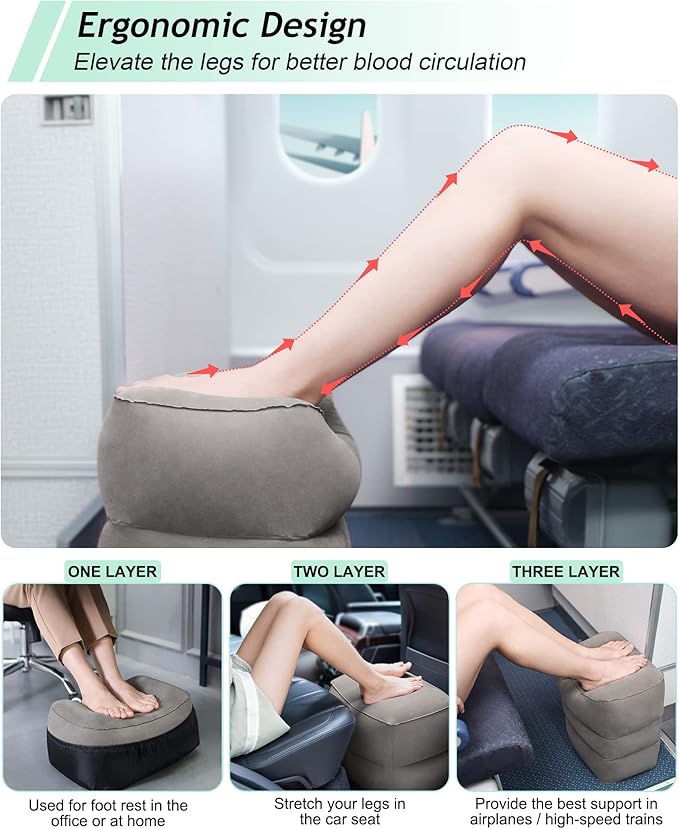 JefDiee Inflatable Travel Foot Rest Pillow,Kids Airplane Bed,Adjustable 3 Layers Height Leg Rest Pillow,Adults Travel Essentials Great for Airplane,Office,Home,Trains,Cars
