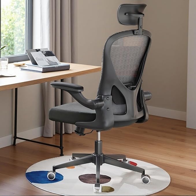 Ergonomic Office Chair with Adjustable Lumbar Support & Flip-Up Armrests - High Back Computer Desk Chair with Thickened Seat Cushion, Rolling Wheels for Home/Office Study Work