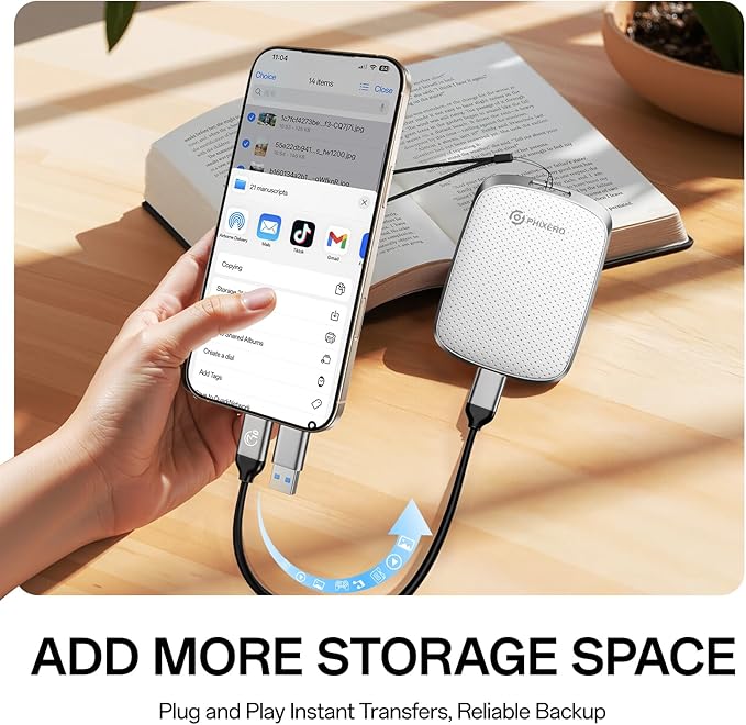 PHIXERO P5PLUS Portable SSD 512GB Up to 550MB/s, USB 3.2 Gen 2 External Solid State Drive，USB C to C&A for Smartphone，Tablet，PC，Labtop (White)