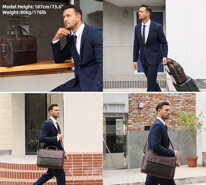 Masa Kawa Leather Briefcase for Men 15.6" - 17" Laptop Computer Case Business Travel Work Messenger Cross Body Shoulder Bag
