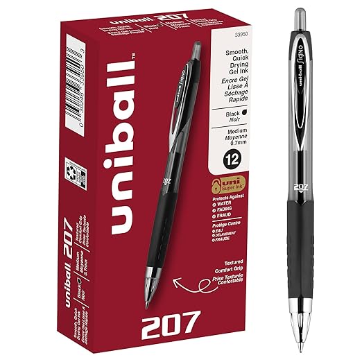 uni-ball 207 Retractable Gel Pens Medium Point, 0.7mm, Black, 12 Pack
