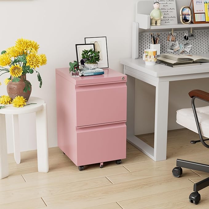 Aobabo Metal 2 Drawer Office File Cabinet with Lock, Under Desk Office Steel Files Cabinet on Wheels, 25.6''H Legal/Letter A4 Size, Fully Assembled Except Wheels,Pink