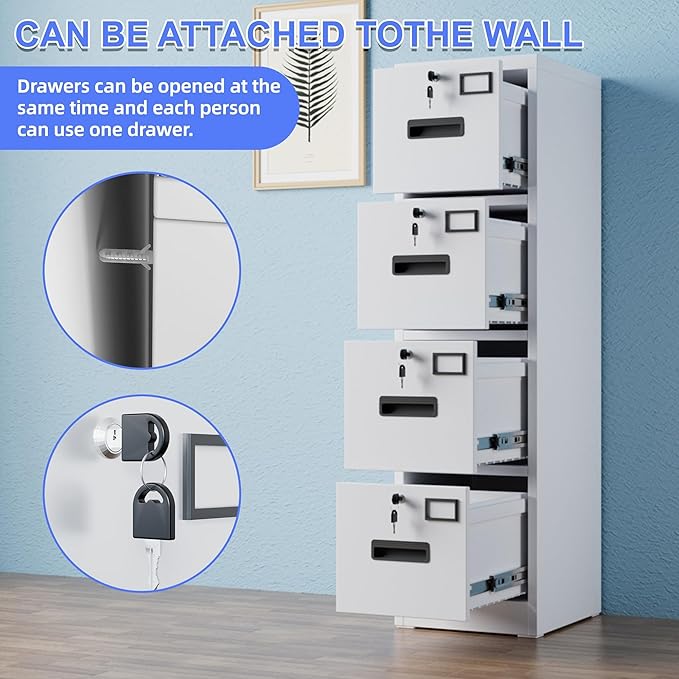 4 Drawer File Cabinet, Metal Vertical File Storage Cabinet with Lock, Office Home Steel Vertical File Cabinet for A4 Letter/Legal Size, 14.96" W x 17.72" D x 55.2" H, Assembly Required
