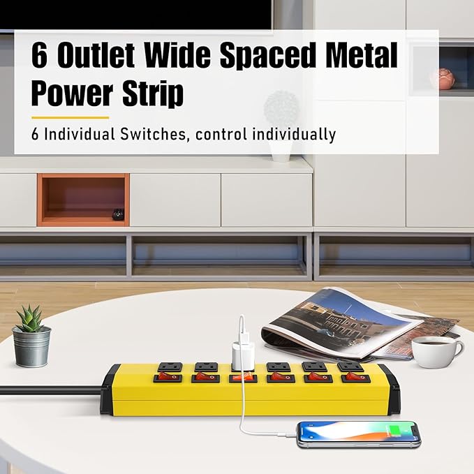 ANNQUAN 3PCS 6 Outlet Metal Power Strip with 6 Individual Switches,Heavy Duty Power Strip 1200J 15A 6FT Cord Home Office Industrial Commercial Shop