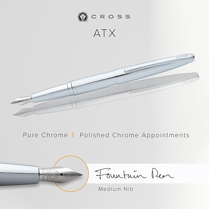 Cross ATX Refillable Fountain Presented in a Luxury Gift Box - Medium Point, Black Ink, Pure Chrome