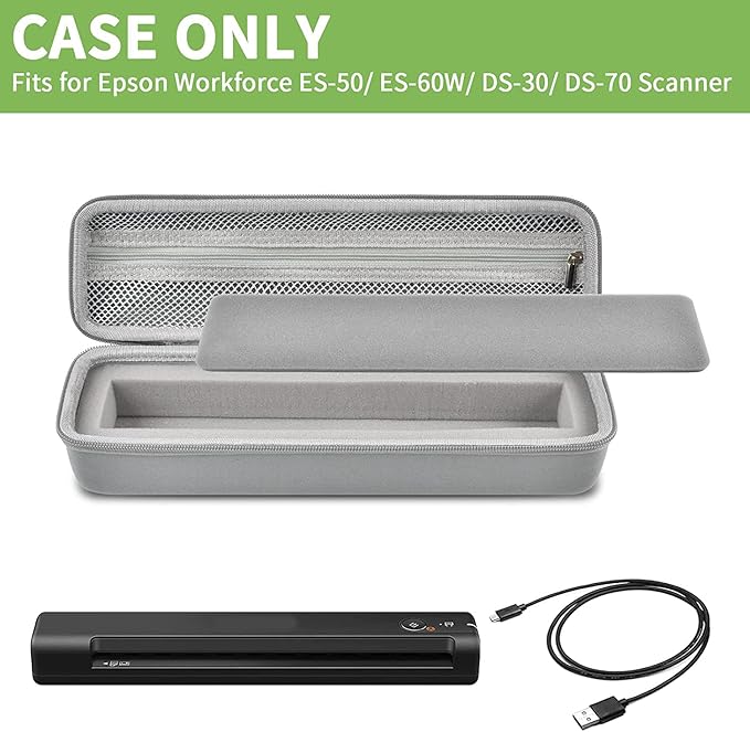 ALKOO Case Compatible with Epson Workforce ES-50/ ES-60W/ ES-55R/ ES-65WR/ DS-30/ DS-70/ DS-80W Portable Sheet-Fed Document Scanner, Storage for Epson Scanner for PC and Mac- Grey (Box Only)